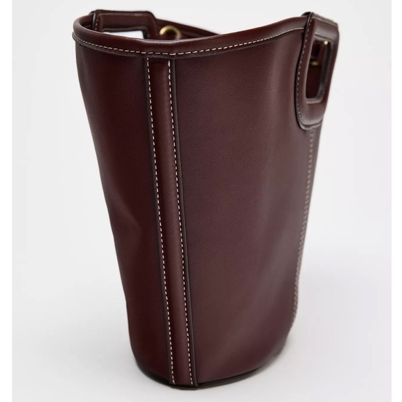 NWT Zara Topstitched Shopper Bag Tote Shoulder Brown Burgundy Red New Rare - Picture 3 of 8